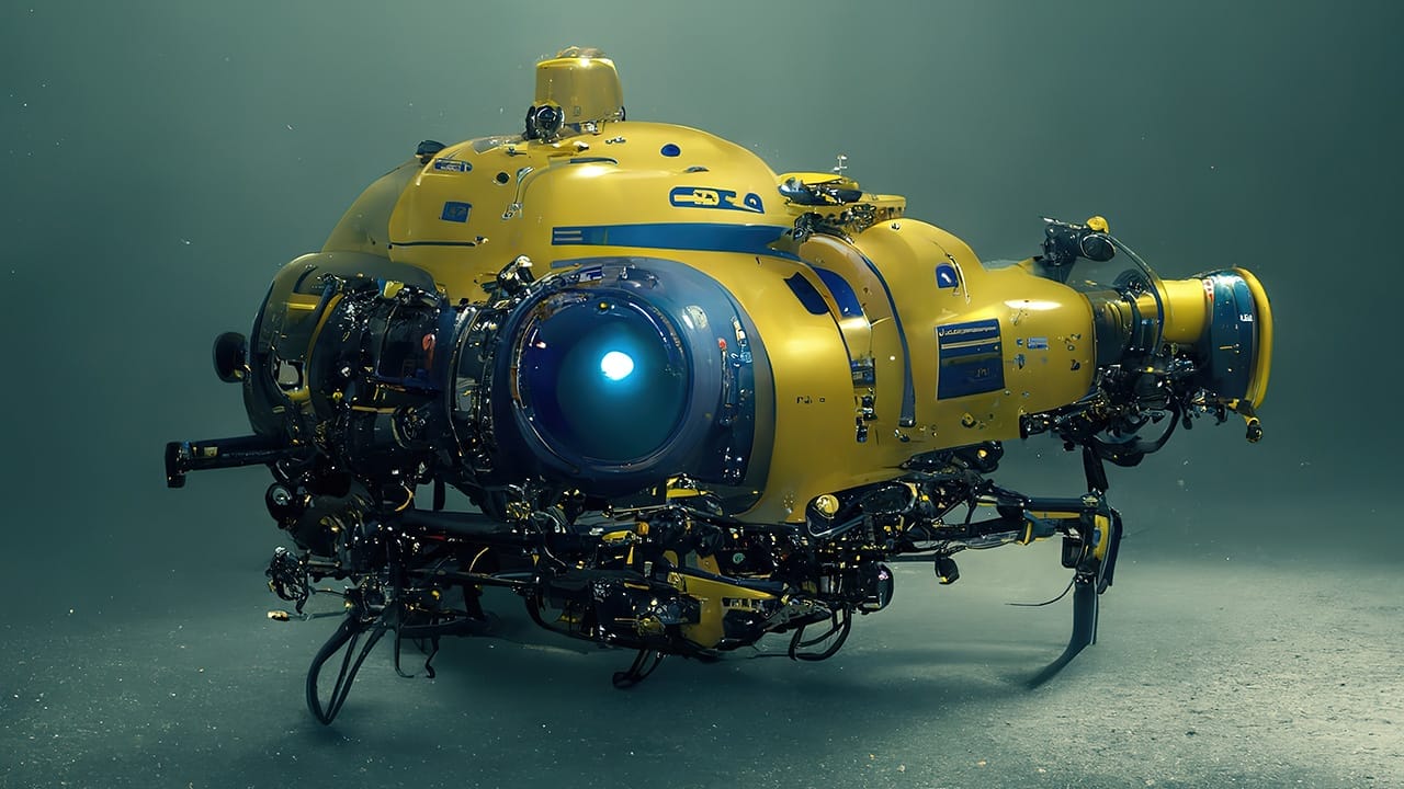 The robot for exploring the sea depths stands on the sandy bottom. The yellow robot explores the seafloor beneath the thick sea water. Glass on the body protects the camera. 3d illustration
